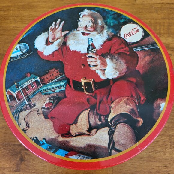 Vintage 1986 Coca Cola EMPTY Tin Storage Can Santa Christmas Train Helicopter T3 - Picture 8 of 8